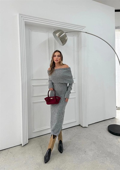 TRİKO MADONNA YAKA YUMOŞ DOKULU UZUN ELBİSE ANTRASİT