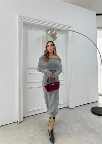 TRİKO MADONNA YAKA YUMOŞ DOKULU UZUN ELBİSE ANTRASİT