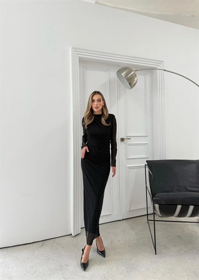 TÜL ASTARLI BEL DRAPE DETAY TAŞLI ELBİSE SİYAH