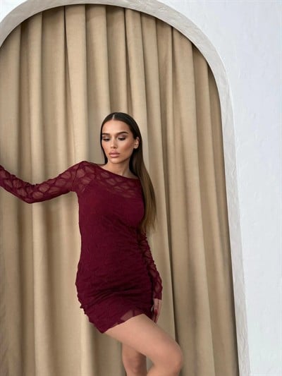 TÜL İÇ ASTARLI ASİMETRİK ETEK DETAY ELBİSE BORDO
