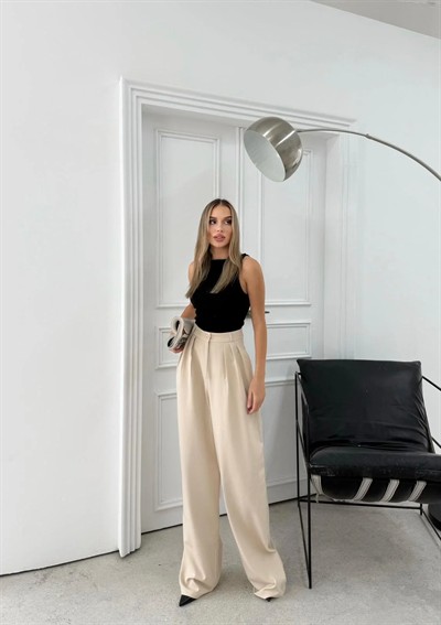 ÜÇ PİLELİ YÜKSEK BEL PALAZZO PANTOLON KREM
