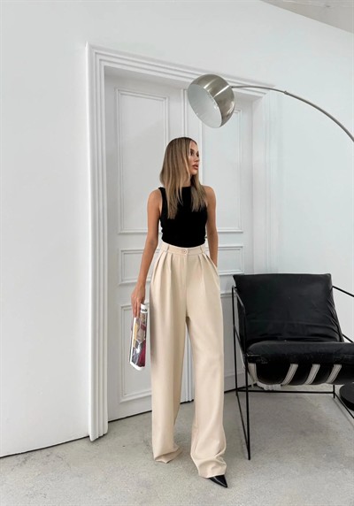 ÜÇ PİLELİ YÜKSEK BEL PALAZZO PANTOLON KREM