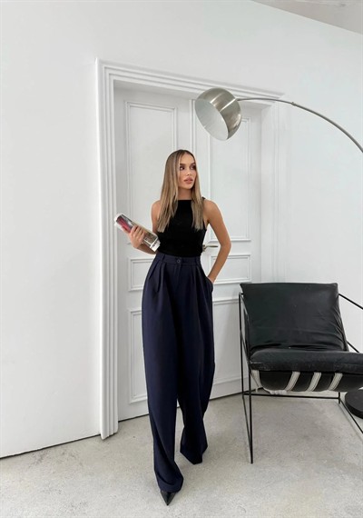 ÜÇ PİLELİ YÜKSEK BEL PALAZZO PANTOLON LACİVERT