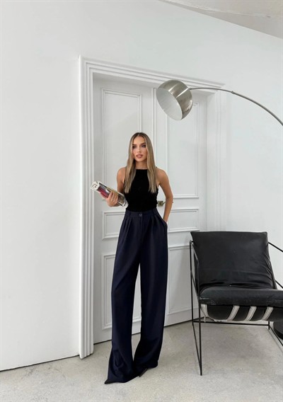 ÜÇ PİLELİ YÜKSEK BEL PALAZZO PANTOLON LACİVERT