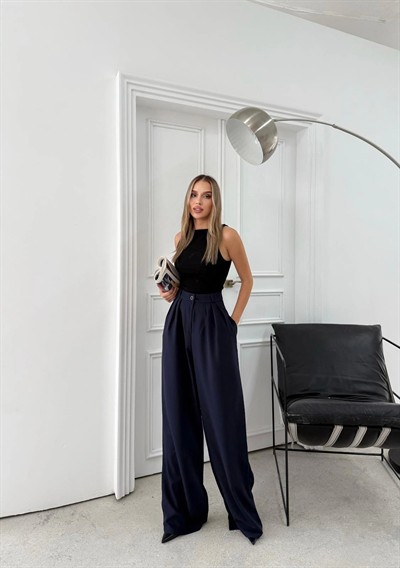 ÜÇ PİLELİ YÜKSEK BEL PALAZZO PANTOLON LACİVERT