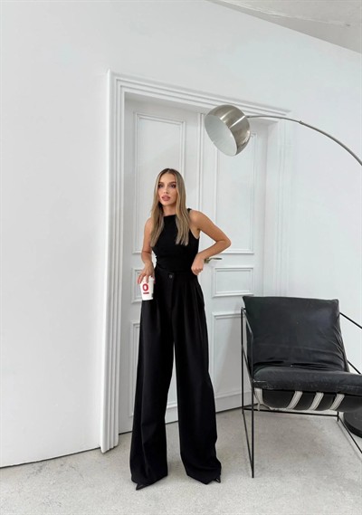 ÜÇ PİLELİ YÜKSEK BEL PALAZZO PANTOLON SİYAH