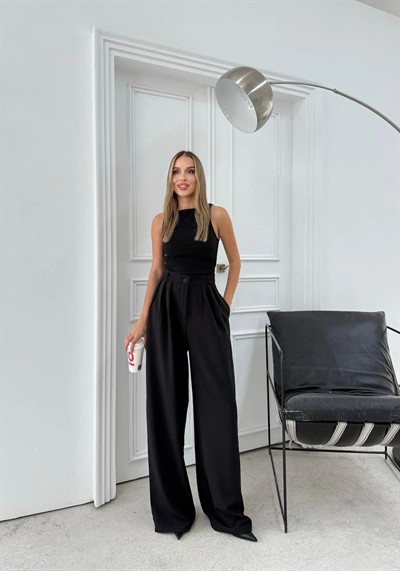 ÜÇ PİLELİ YÜKSEK BEL PALAZZO PANTOLON SİYAH