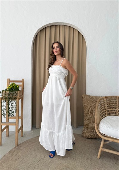 UZUN ASKILI İÇ ASTARLI HAM KETEN ELBİSE