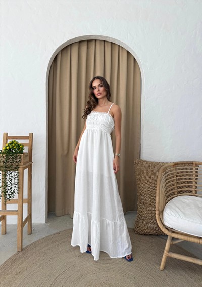 UZUN ASKILI İÇ ASTARLI HAM KETEN ELBİSE