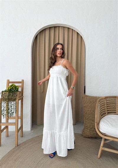 UZUN ASKILI İÇ ASTARLI HAM KETEN ELBİSE