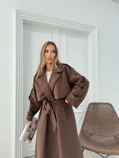 UZUN BEL VE KOL KUŞAKLI DÜĞME DETAY İÇ ASTARLI OVERSİZE TRENÇKOT KAHVE