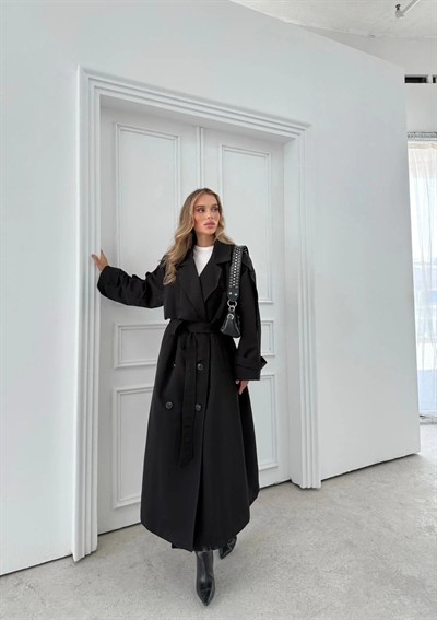 UZUN BEL VE KOL KUŞAKLI DÜĞME DETAY OVERSİZE İÇ ASTARLI TRENÇKOT SİYAH