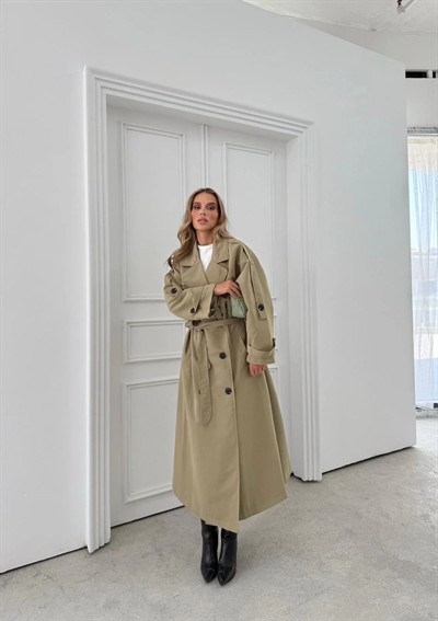 UZUN BEL VE KOL KUŞAKLI DÜĞME DETAY OVERSİZE İÇ ASTARLI TRENÇKOT YEŞİL