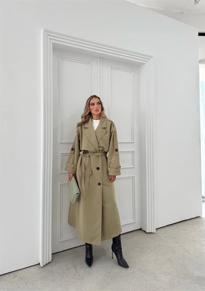 UZUN BEL VE KOL KUŞAKLI DÜĞME DETAY OVERSİZE İÇ ASTARLI TRENÇKOT YEŞİL