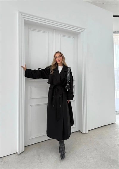 UZUN BEL VE KOL KUŞAKLI DÜĞME DETAY OVERSİZE İÇ ASTARLI TRENÇKOT SİYAH