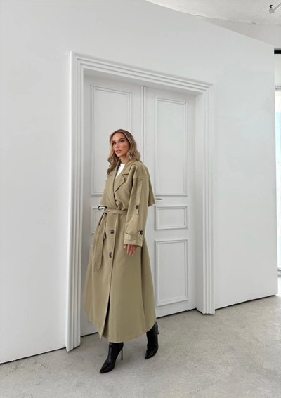 UZUN BEL VE KOL KUŞAKLI DÜĞME DETAY OVERSİZE İÇ ASTARLI TRENÇKOT YEŞİL