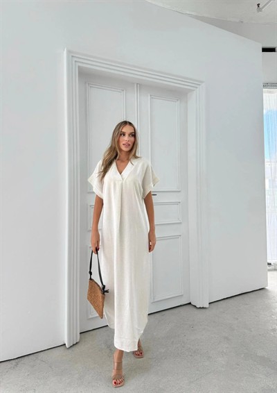 V YAKA UZUN YIRTMAÇLI KETEN ELBİSE KREM