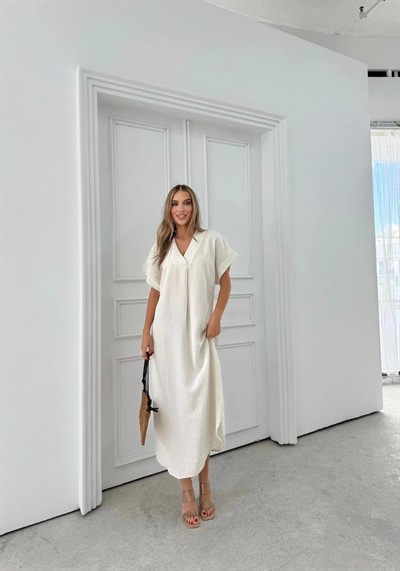 V YAKA UZUN YIRTMAÇLI KETEN ELBİSE KREM