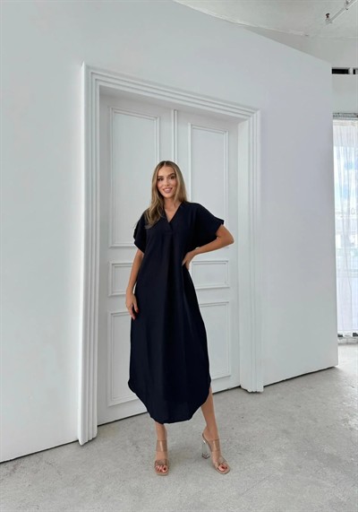 V YAKA UZUN YIRTMAÇLI KETEN ELBİSE LACİVERT