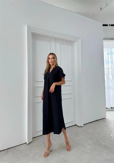 V YAKA UZUN YIRTMAÇLI KETEN ELBİSE LACİVERT