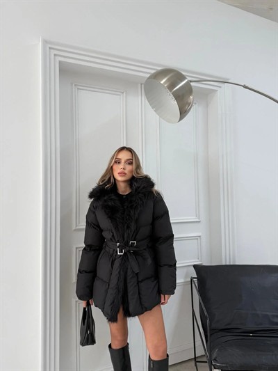 YAKA KÜRK DETAY BEL KEMERLİ ŞİŞME MONT SİYAH