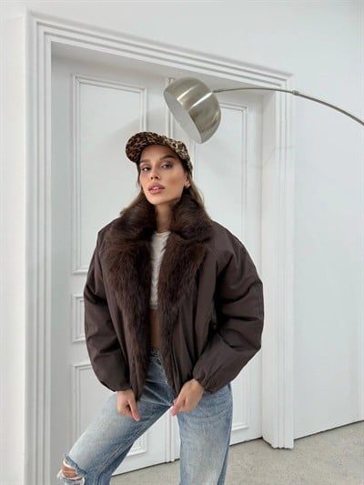 YAKA KÜRK DETAY İÇ ASTARLI ŞİŞME MONT KAHVE 1132