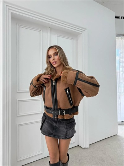 YAKA VE BEL KEMER DETAY İÇ KÜRK LAMİNE MONT  SÜTLÜ KAHVE 3027