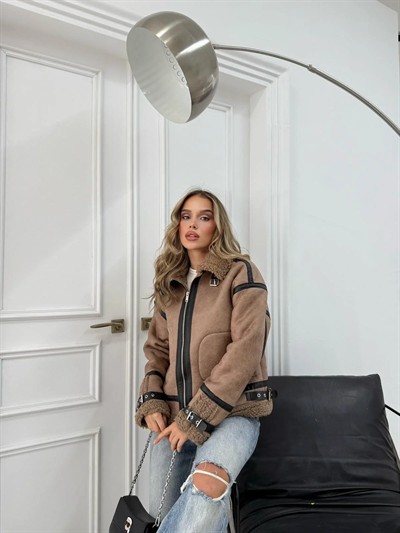 YAKA VE KOL KEMER DETAY LAMİNE İÇ KÜRKLÜ MONT KAHVE 3147