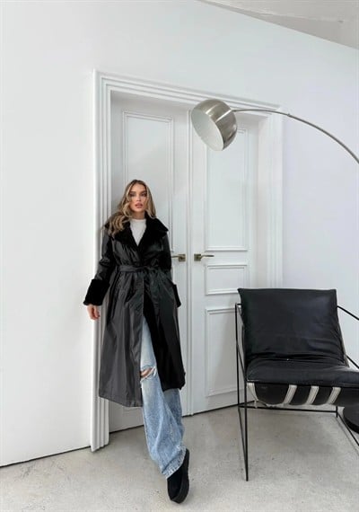 YAKA VE KOL KÜRK DETAY İÇ ASTARLI UZUN DERİ TRENÇ SİYAH