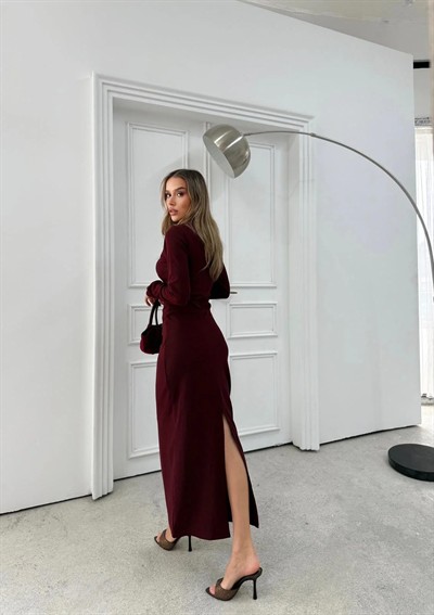 YAKALI DÜĞME DETAY FİTİLLİ OTTOMAN ELBİSE MÜRDÜM