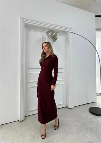 YAKALI DÜĞME DETAY FİTİLLİ OTTOMAN ELBİSE MÜRDÜM