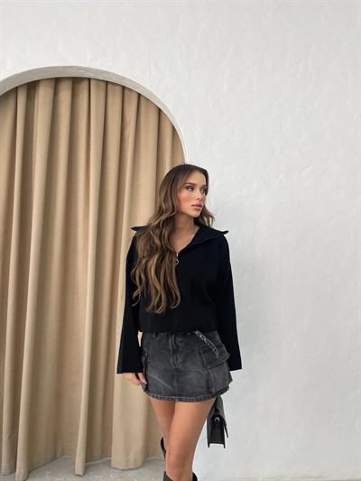 YARIM FERMUAR DETAY İSPANYOL KOL TRİKO SİYAH