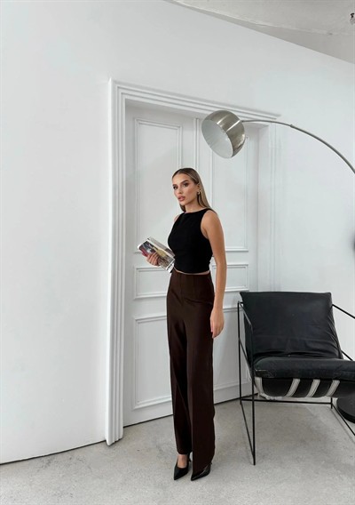 YÜKSEK BEL BİLEK BOY KUMAŞ PANTOLON KAHVE