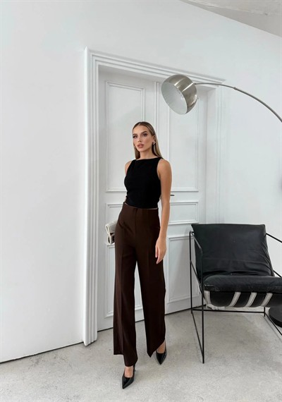 YÜKSEK BEL BİLEK BOY KUMAŞ PANTOLON KAHVE