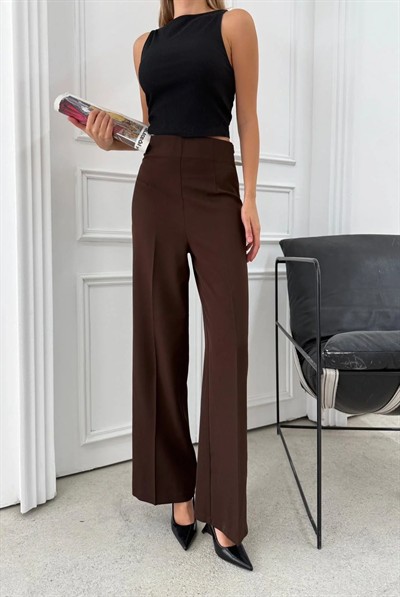 YÜKSEK BEL BİLEK BOY KUMAŞ PANTOLON KAHVE