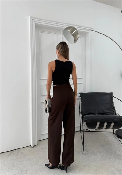 YÜKSEK BEL BİLEK BOY KUMAŞ PANTOLON KAHVE