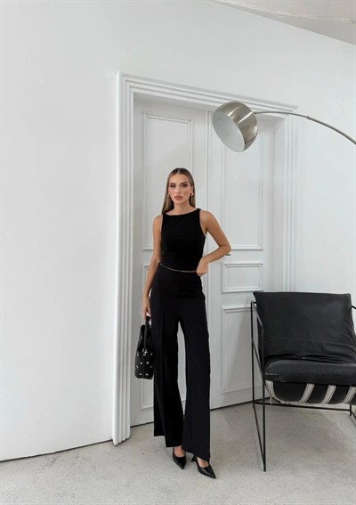 YÜKSEK BEL BİLEK BOY KUMAŞ PANTOLON SİYAH