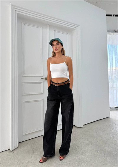 YÜKSEK BEL GENİŞ PAÇA JEAN PANTOLON SİYAH