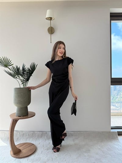 Asimetrik Detay Bluz ve Pantolonlu Double Kumas İkili Takım Siyah 2272