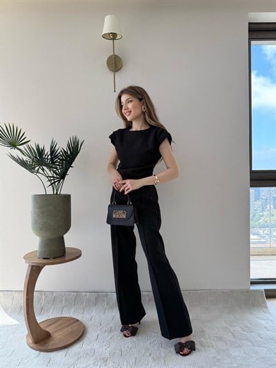 Asimetrik Detay Bluz ve Pantolonlu Double Kumas İkili Takım Siyah 2272