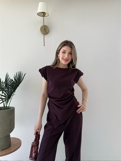 Asimetrik Detay Bluz ve Pantolonlu Double Kumas İkili Takım Mürdüm 2272