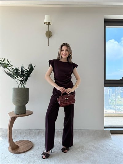 Asimetrik Detay Bluz ve Pantolonlu Double Kumas İkili Takım Mürdüm 2272