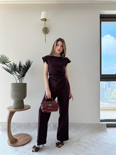Asimetrik Detay Bluz ve Pantolonlu Double Kumas İkili Takım Mürdüm 2272