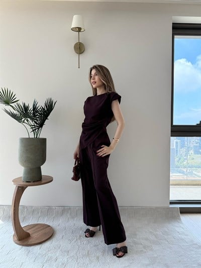 Asimetrik Detay Bluz ve Pantolonlu Double Kumas İkili Takım Mürdüm 2272