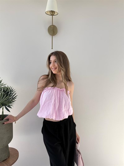 Askı Ayarlı İç Astarlı Balon Tensel Bluz Pembe 2283