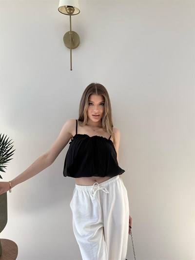 Askı Ayarlı İç Astarlı Balon Tensel Bluz Siyah 2283