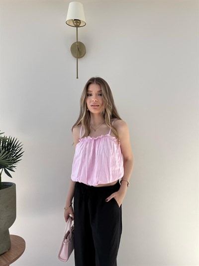 Askı Ayarlı İç Astarlı Balon Tensel Bluz Pembe 2283