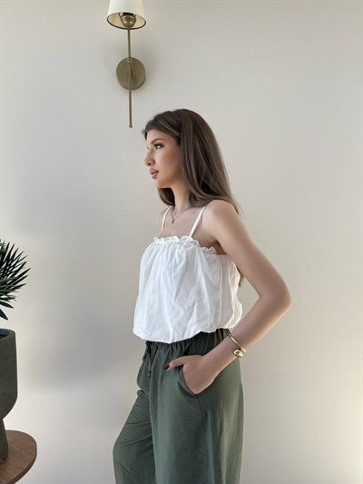 Askı Ayarlı İç Astarlı Balon Tensel Bluz Beyaz 2283