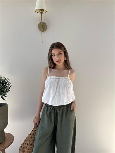 Askı Ayarlı İç Astarlı Balon Tensel Bluz Beyaz 2283