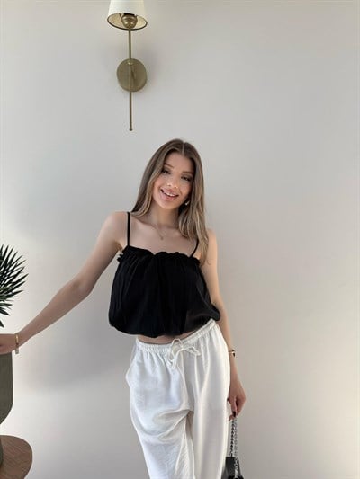 Askı Ayarlı İç Astarlı Balon Tensel Bluz Siyah 2283